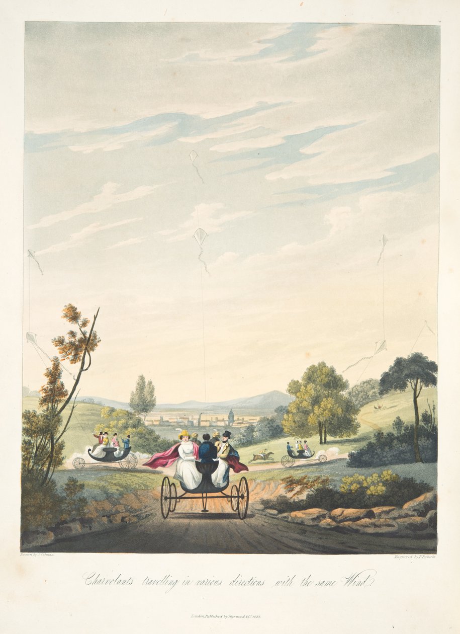 Chervolenter som reiser i forskjellige retninger med samme vind, fra "The Aeropleustic Art, or Navigation in the Air, by the Use of Kites, or Buoyant Sails, pub. 1827 (håndfarget akvatint) av English School
