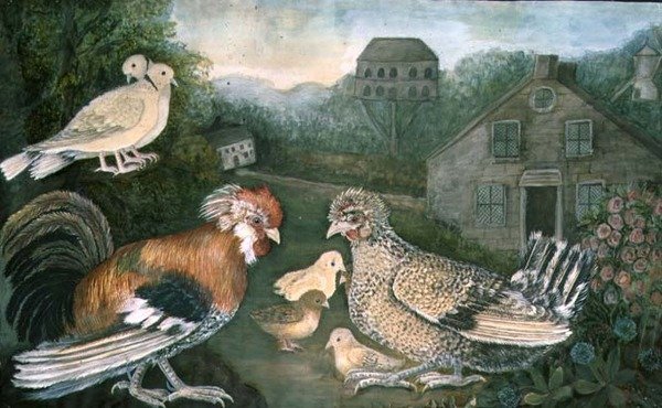 Kylling og duer nær en gård (akvarell, gouache på papir) (for detaljer se 97196) av English School