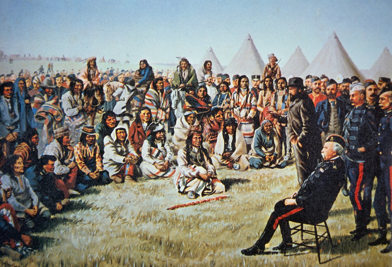 Chief Poundmaker overgir seg til general Middleton under Nordvest-opprøret i 1885 (farge litho) av English School