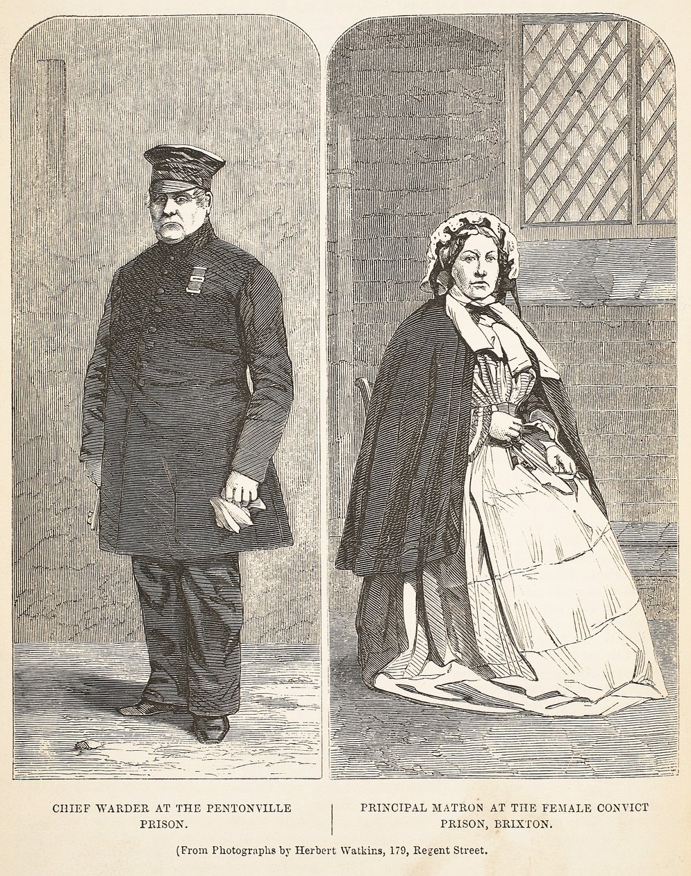 Chief Warder ved Pentonville Prison og rektor ved Female Convict Prison, Brixton, illustrasjon fra The Criminal Prisons of London og Scenes from Prison Life av Henry Mayhew og John av English School