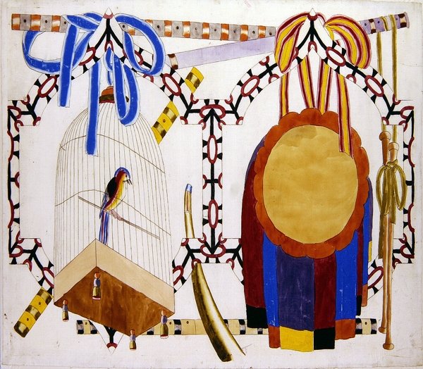 Chinoiserie-design med fuglebur og musikkinstrumenter (akvarell over trykt kontur på papir) av English School
