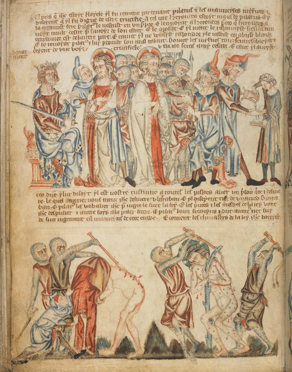 Kristus før Herodes og før Pilatus; Herodes vasker hendene sine; Kristi flagellasjon, Add. 47682, f.30v, ca. 1320-30 (vellum) av English School