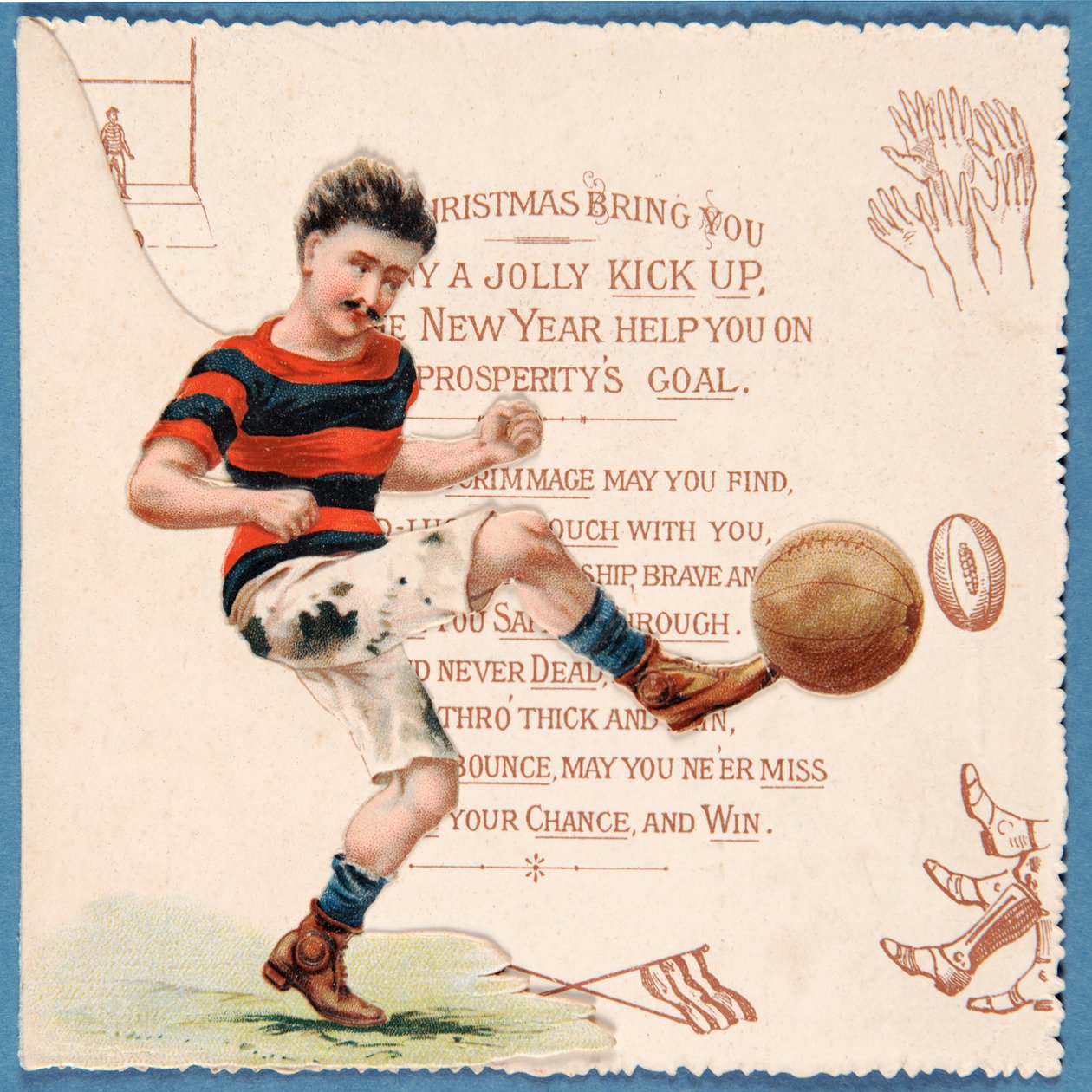 Julekort som viser en fotballspiller som sparker en ball, ca. 1890-tallet av English School