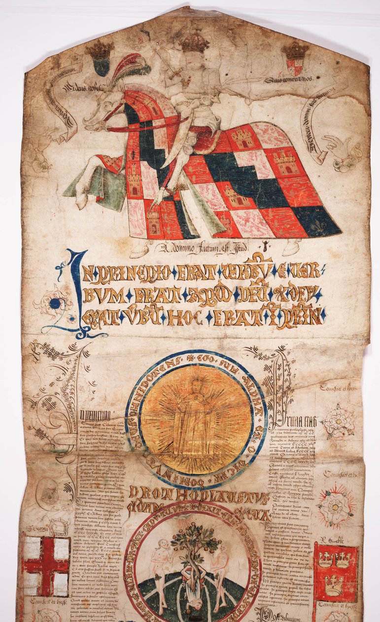 Chronicle of the History of the World from Creation to Woden, med en genealogi av Edward IV (Edward IV Roll), begynnelsesseksjon med et portrett av Edward IV på hesteryggen, en rundell med Gud og en annen av English School