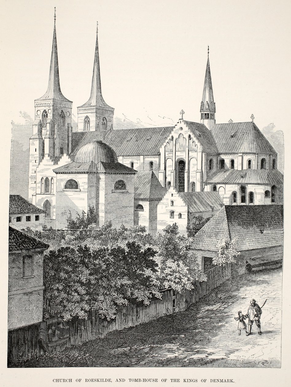 Roeskilde kirke og gravhuset til kongene av Danmark, fra A Memorial of the Marriage of Edward VII and Alexandra of Denmark, pub. 1864 (tregravering) av English School