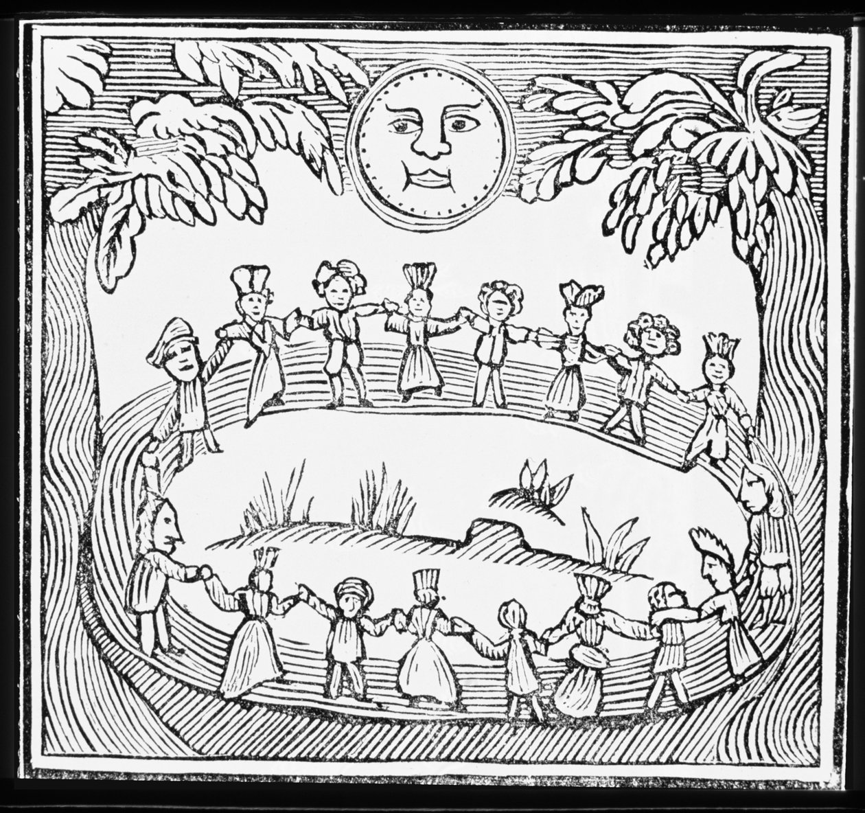 Circle of Witches Dancing Beneath a Full Moon, illustrasjon fra en samling kapittelbøker om esoterica av English School
