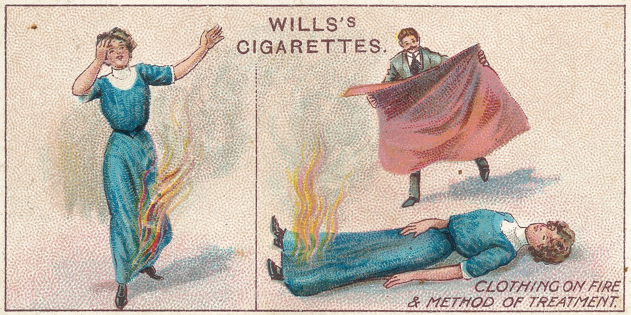 Clothing on Fire, nr.34 fra First Aid-serien med Willss Cigarettes-kort, 1913 av English School