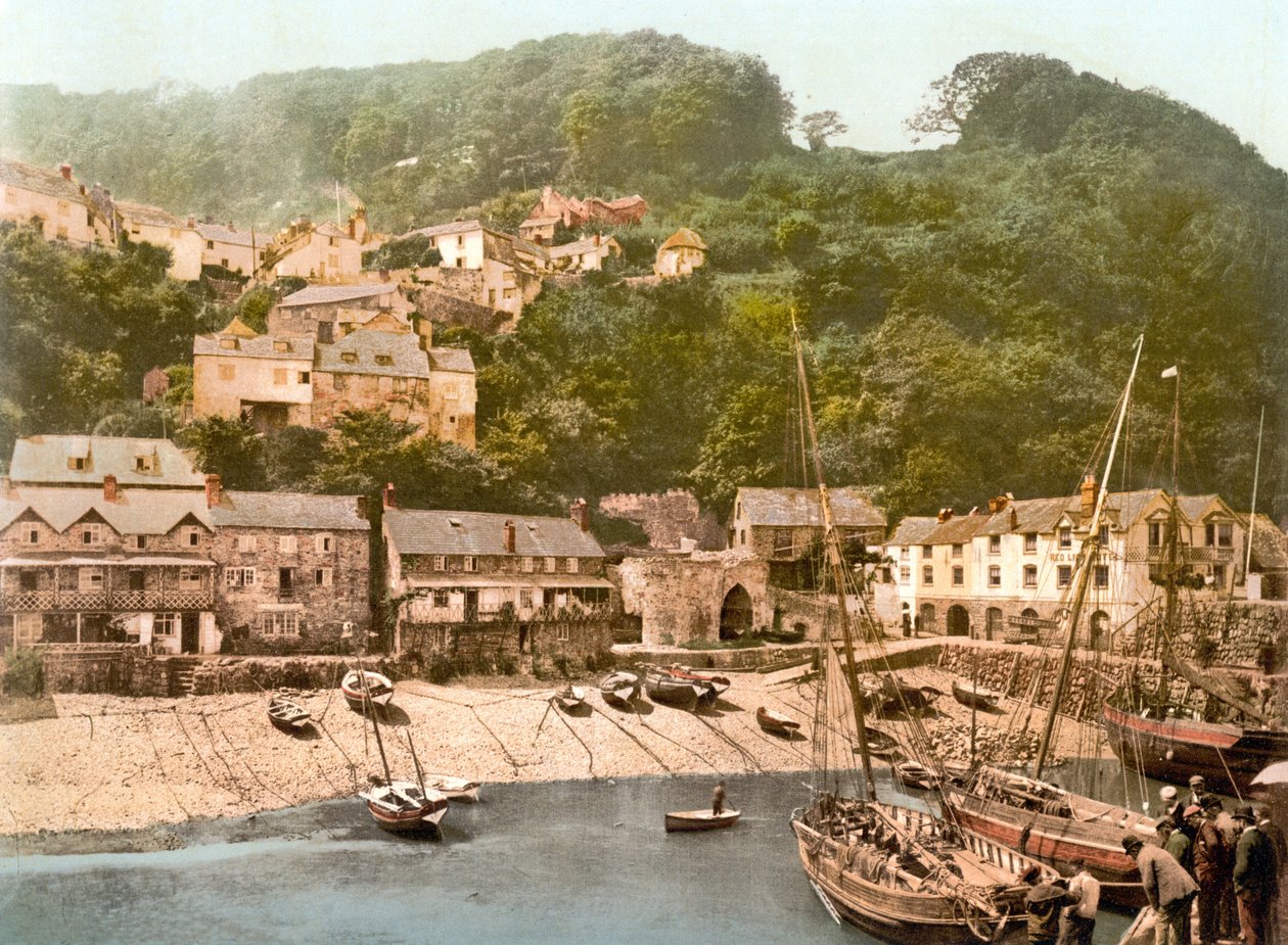 Clovelly Harbor (håndfarget bilde) av English School