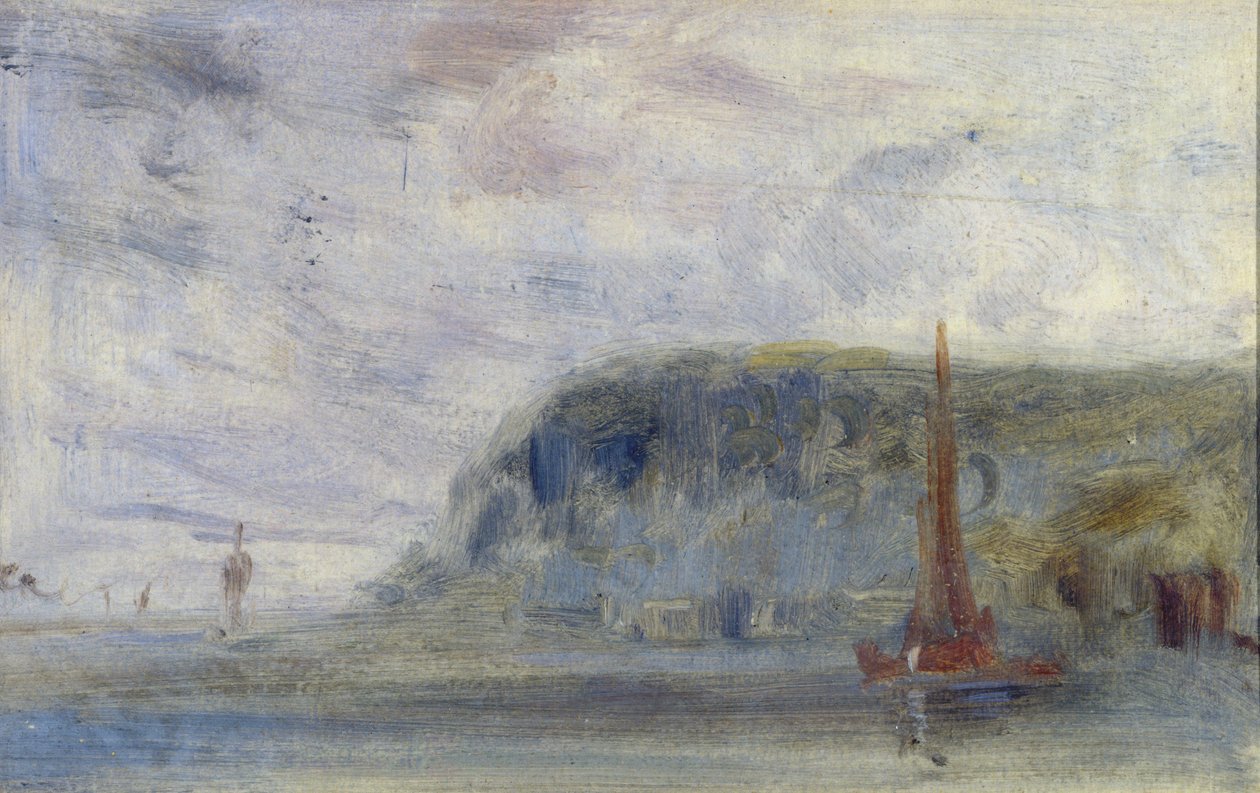Coast with Cliffs and Boats tidligere tilskrevet JMW Turner (1775-1851) og også tilskrevet Peter de Wint (1784-1849) (olje på papir) av English School