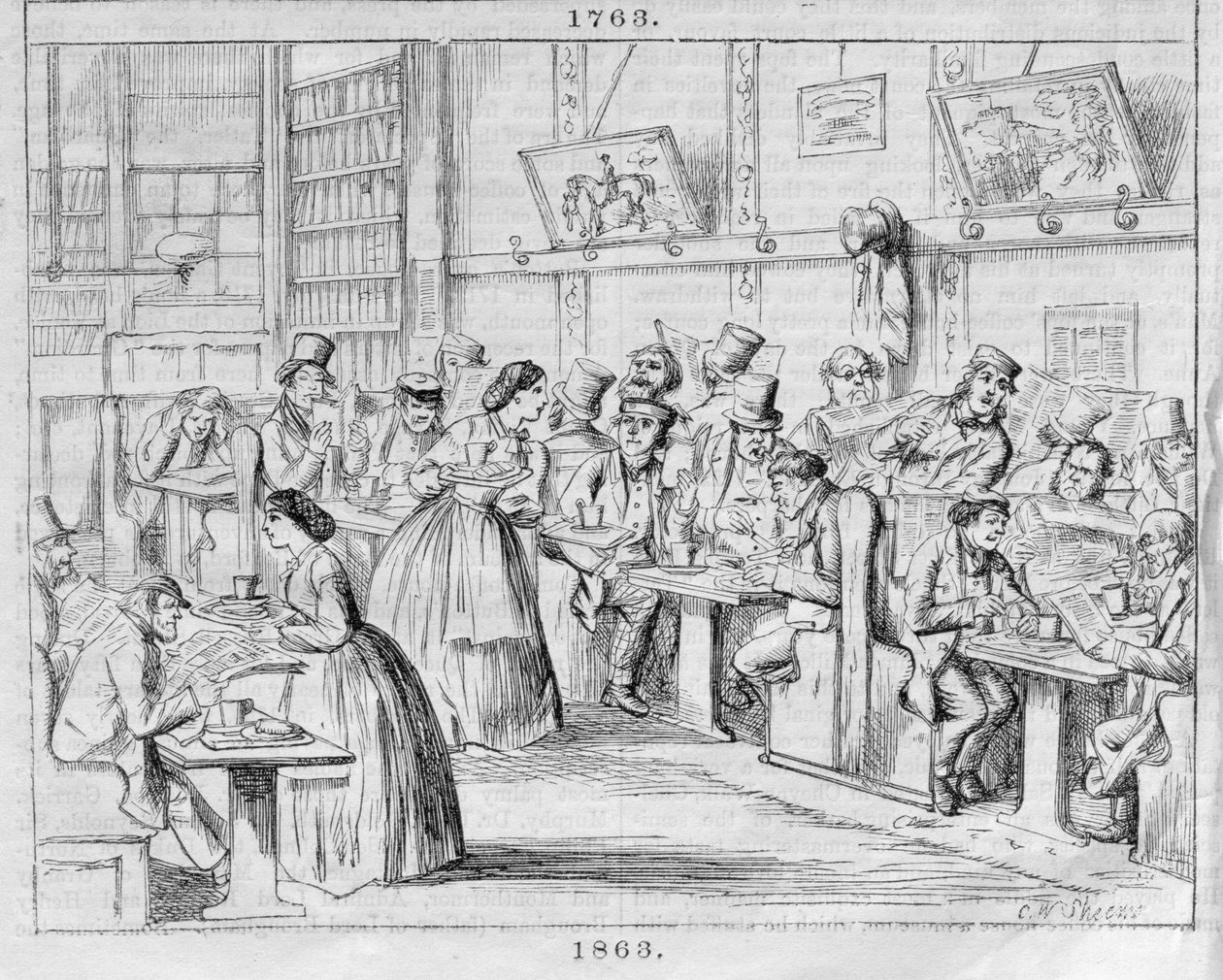 Coffee Room i 1863, fra London Coffee-Houses Past and Present (fargegravering) av English School