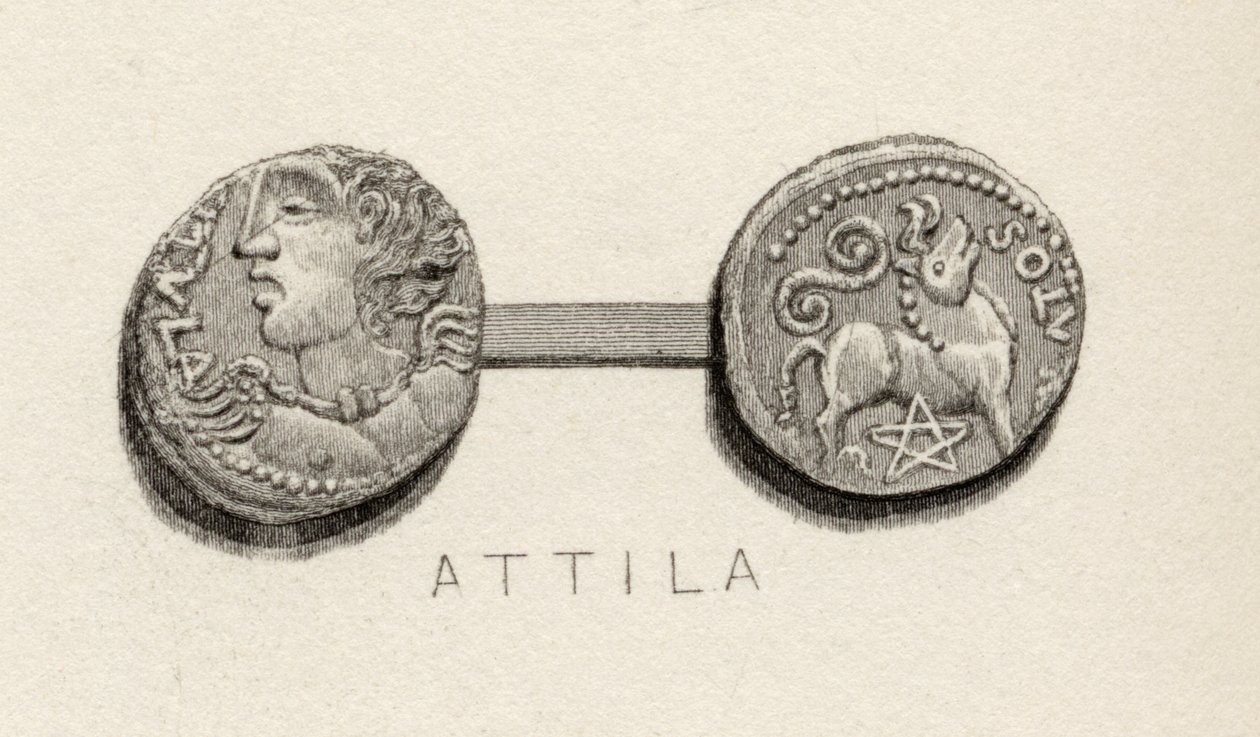 Mynt fra tiden til Attila, hunernes konge av English School