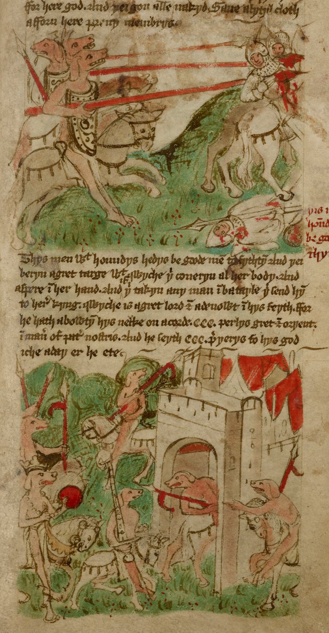 Fargede tegninger som viser de hundehodede menneskene ("Cynocephalus") på Nacumera Island, fra 