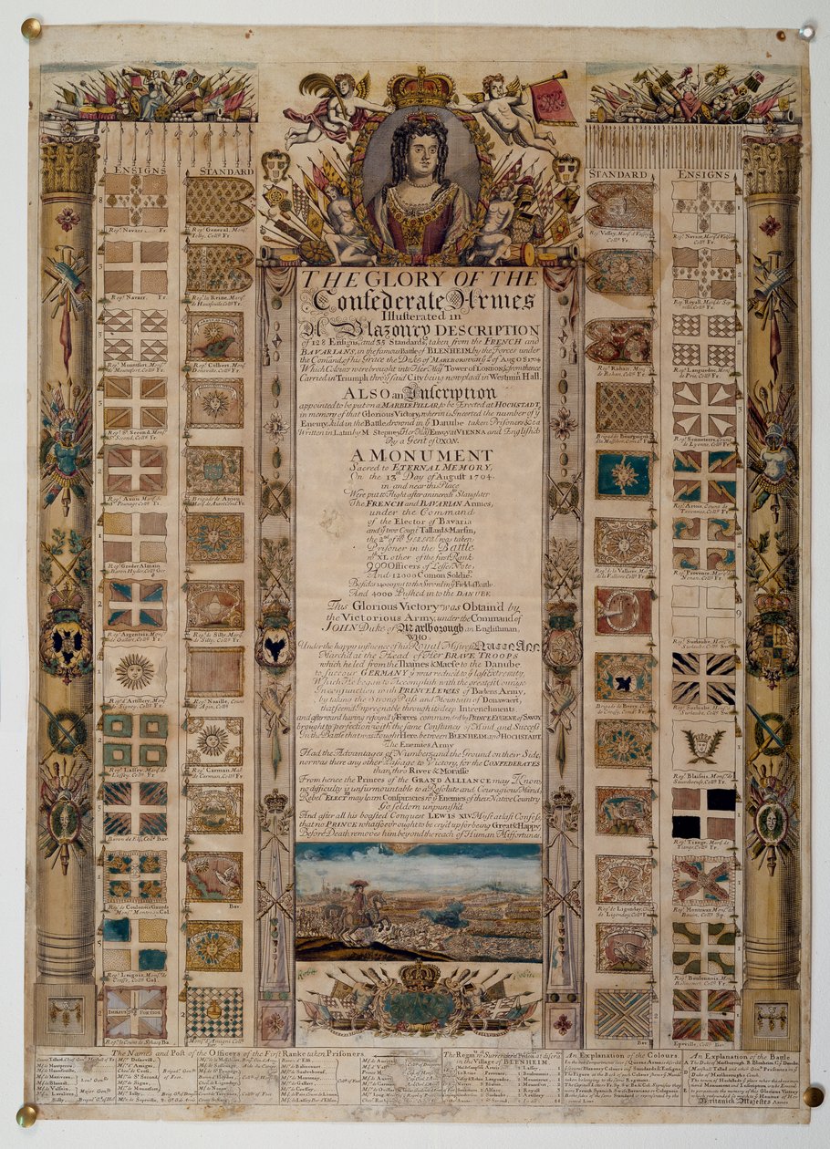 Minnekart som viser standarder fanget fra franskmennene etter slaget ved Blenheim, ca. 1704 (farget linjegravering) av English School