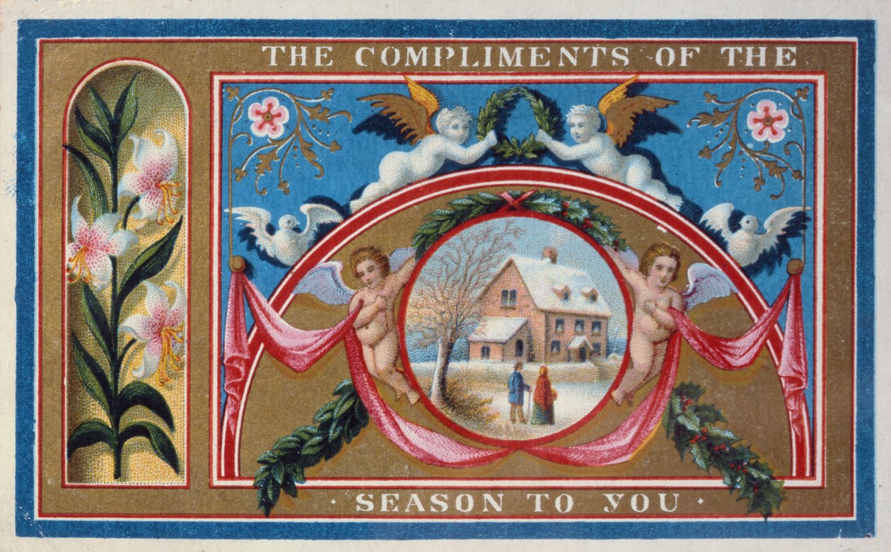 "Compliments of the Season", viktoriansk kort (chromolitho) av English School