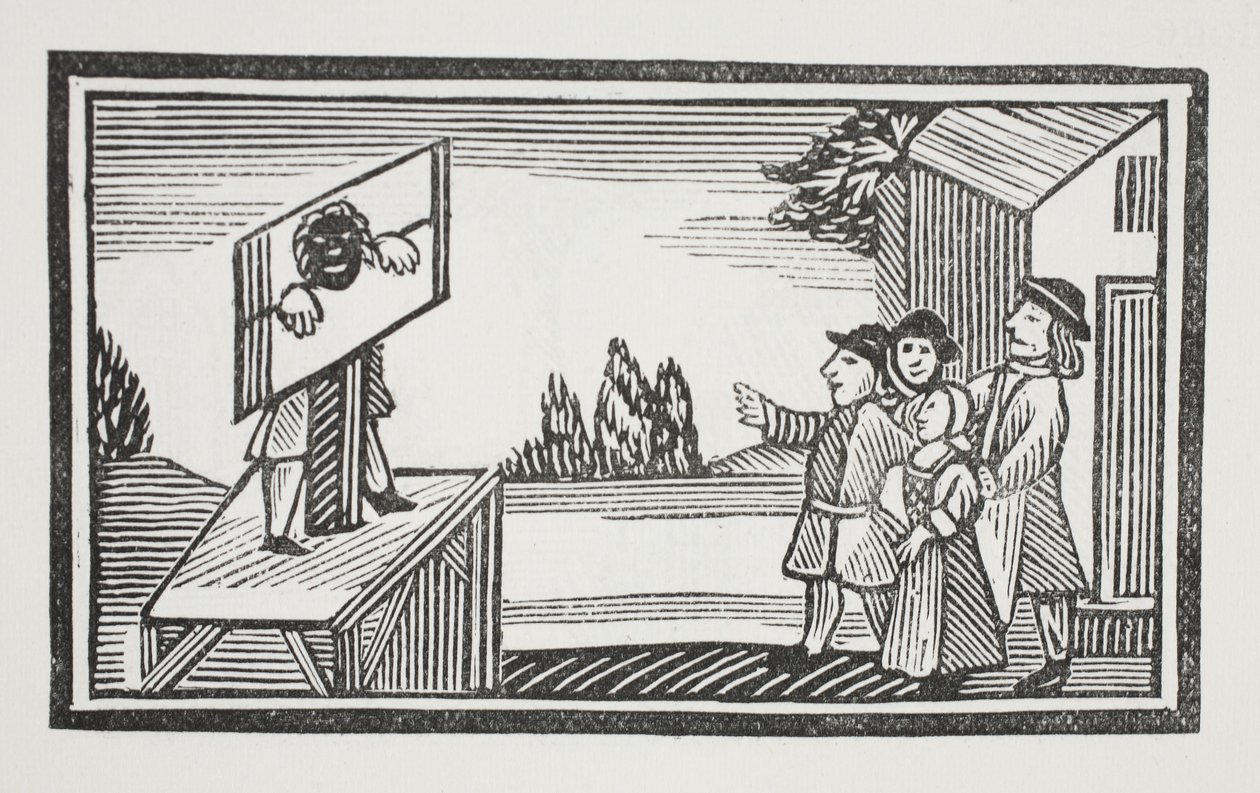 Dømt til å stå i en time eller mer i søylen, illustrasjon fra Chap-books of the Eighteenth Century av John Ashton, pub. 1882 av English School