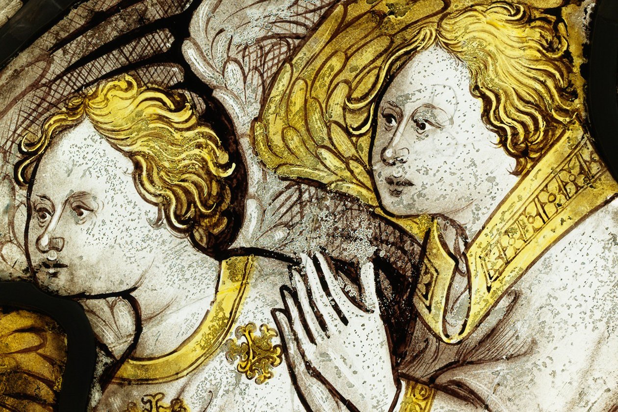 Bevart del fra Great East Window ved York Minster: «Skapelsen tilber lammet» av English School