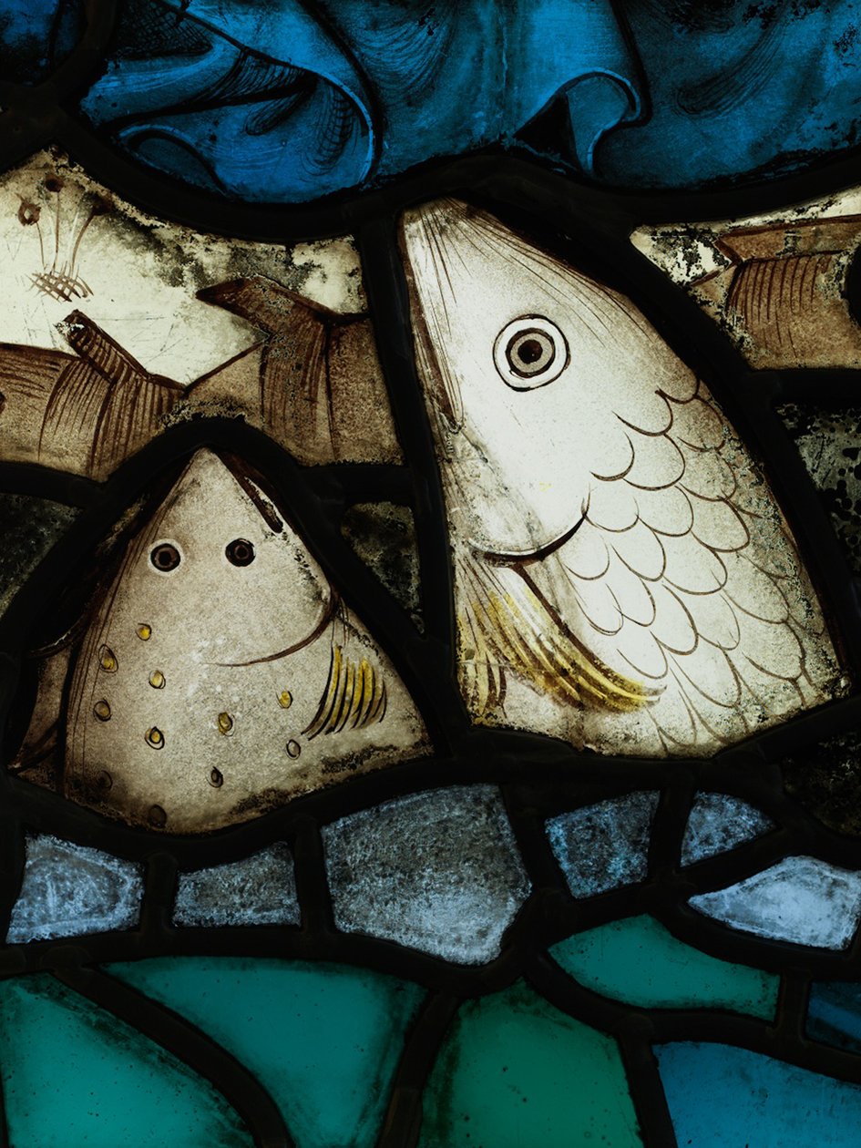 Bevart del fra Great East Window ved York Minster: «Skapelsen tilber lammet» av English School