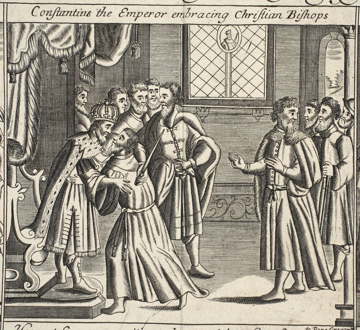 Keiseren Constantin som omfavner kristne biskoper, illustrasjon fra Acts and Monuments av John Foxe, niende utgave, pub. 1684 av English School