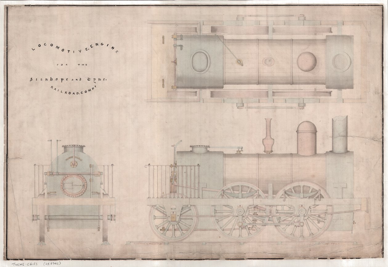 Konstruksjonstegning, 0-4-2 lokomotiv og tender av R. og W. Hawthorn and Co. for Stanhope and Tyne Railway Co. av English School