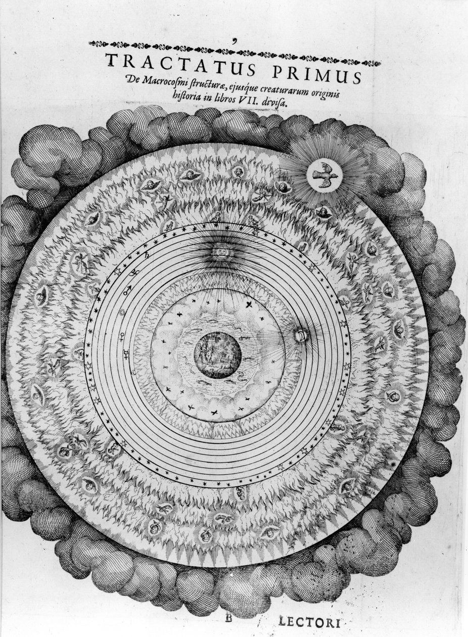 Konstruksjon av kosmos, fra Robert Fludds 'Utriusque Cosmi Historia', 1619 av English School