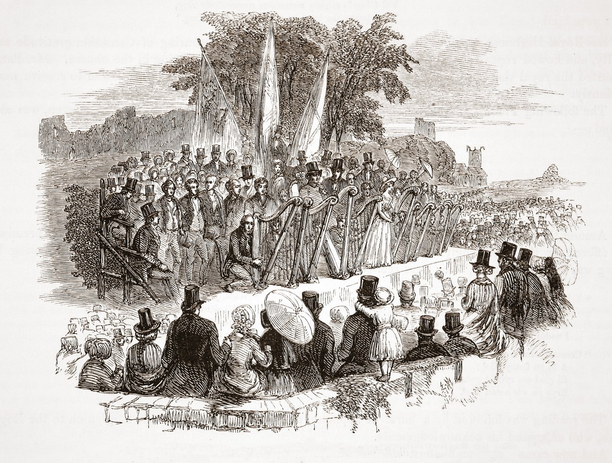 Konkurranse om gullharpen på Royal Denbigh Eisteddfod, før H.R.H. hertugen av Susses i 1828 (stålgravering) av English School