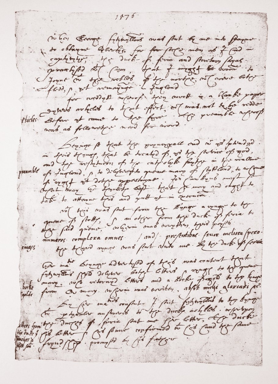 Kopi av et Holograph-memo av John Hawkins angående hans omgang med Spania, 1576 av English School