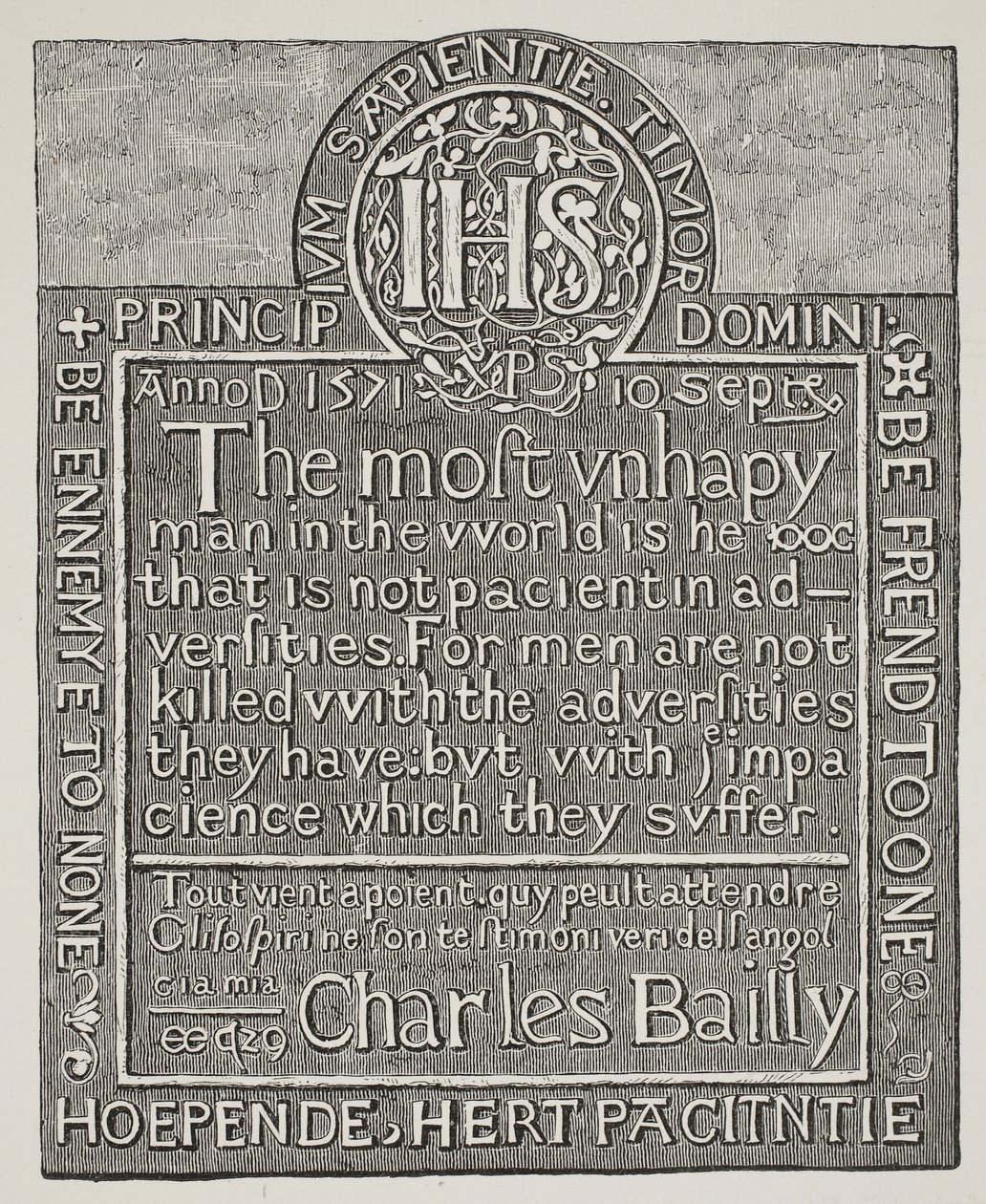 Kopi av en utskjæring av Charles Bailly, fra veggen til Beauchamp Tower, Tower of London, 1571 av English School