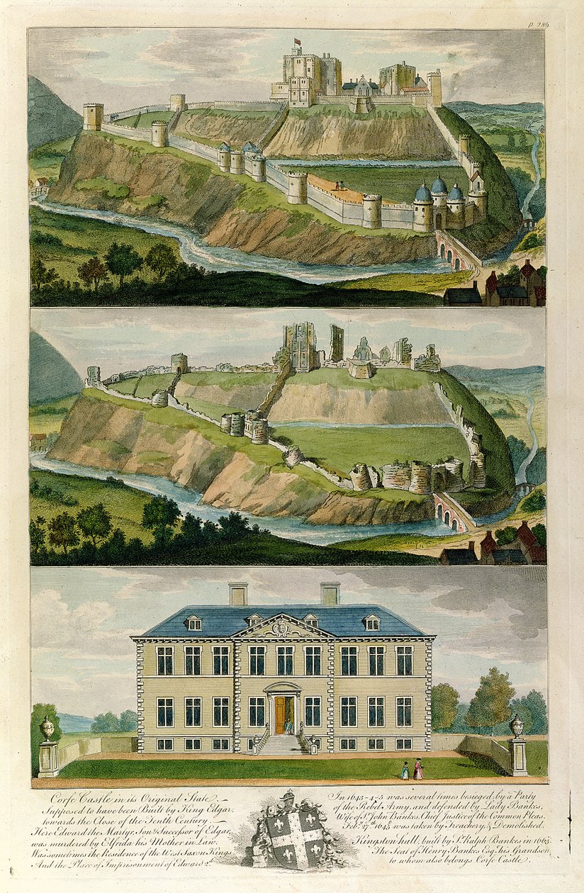 Corfe Castle i sin opprinnelige tilstand, som en ruin, og Kingston Hall, sete for Henry Bankes av English School