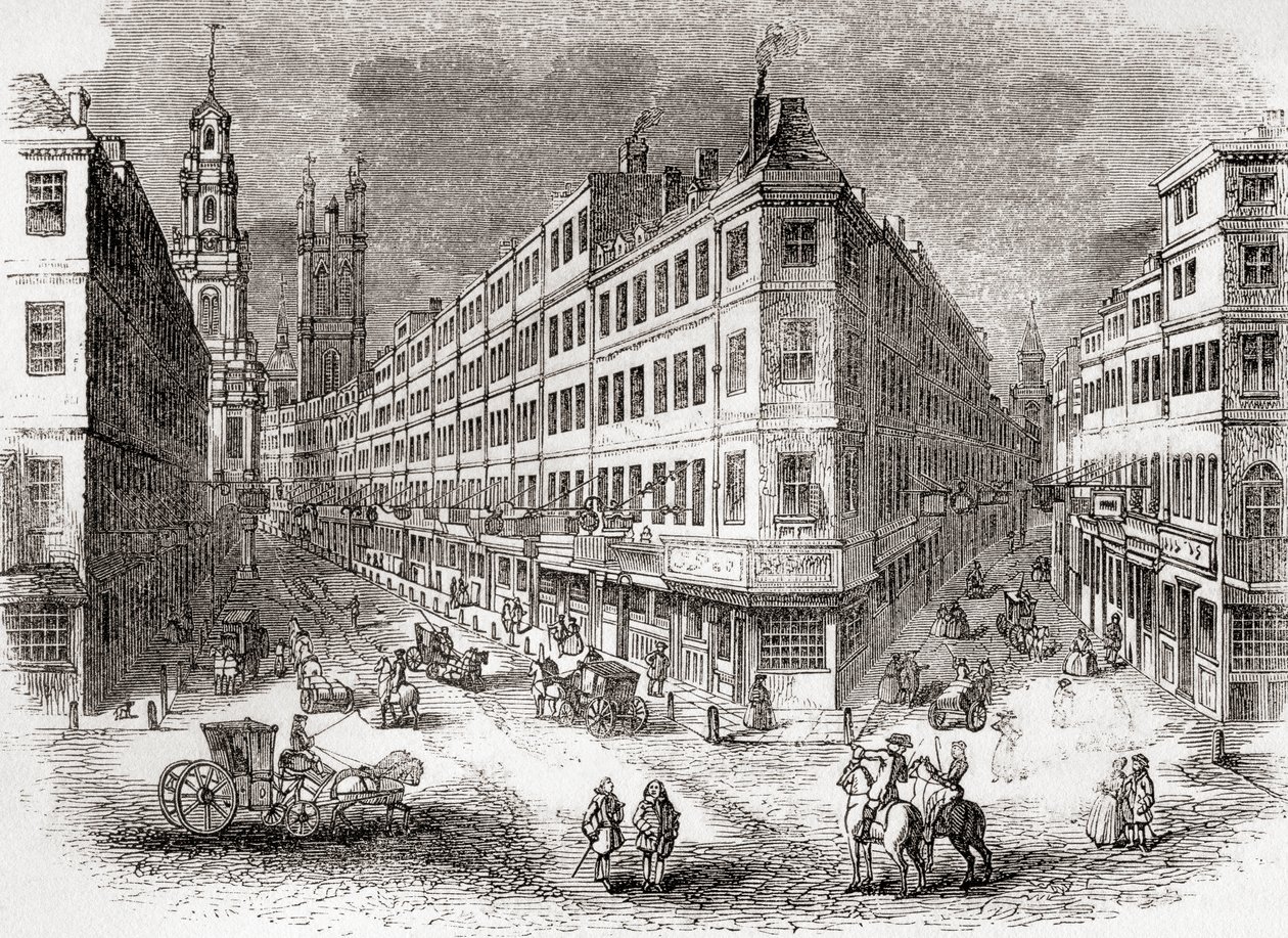 Cornhill, The Exchange og Lombard Street, London, England på midten av 1800-tallet, fra Old England: A Pictorial Museum, pub. 1847 av English School