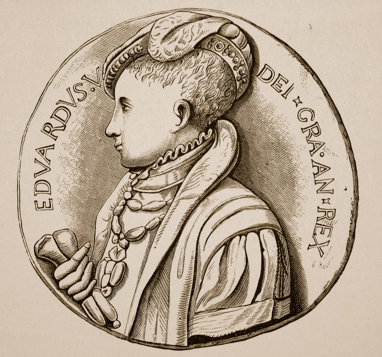 Kroningsmedalje av Edward VI (sepia-bilde) av English School
