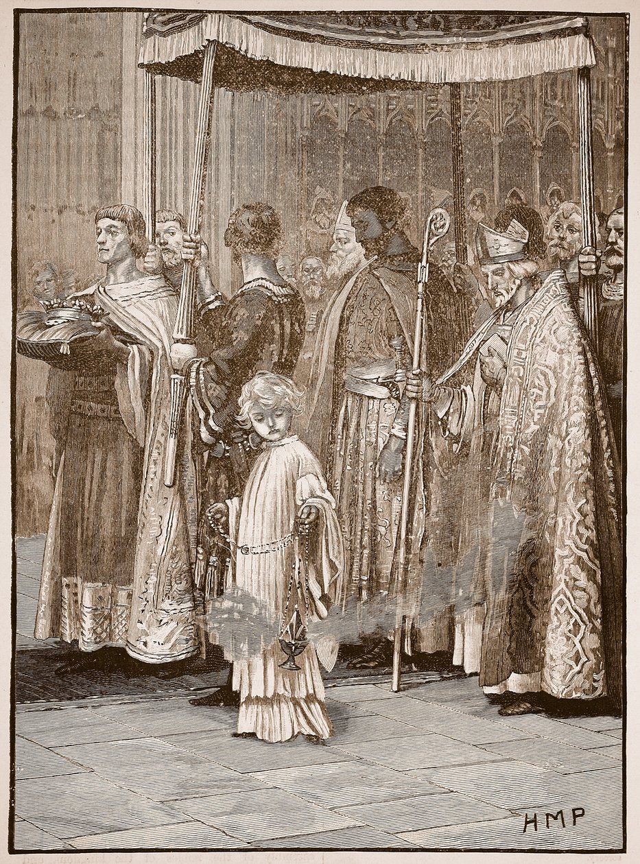 Kroning av Richard i Westminster Abbey: prosesjonen langs midtgangen, illustrasjon fra Cassells Illustrated History of England (sepiafoto) av English School