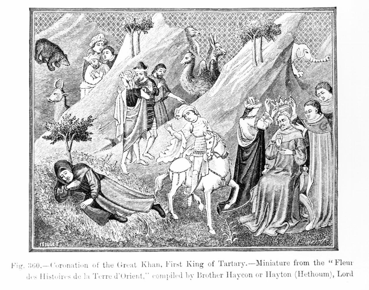 Kroningen av den store Khan (Kublai Khan) (1214-94) Tartaras første konge, fra Fleur des Histoires de la Terre dOrient, satt sammen av Hayton (d.1271), illustrasjon fra Science and Literature i t. av English School