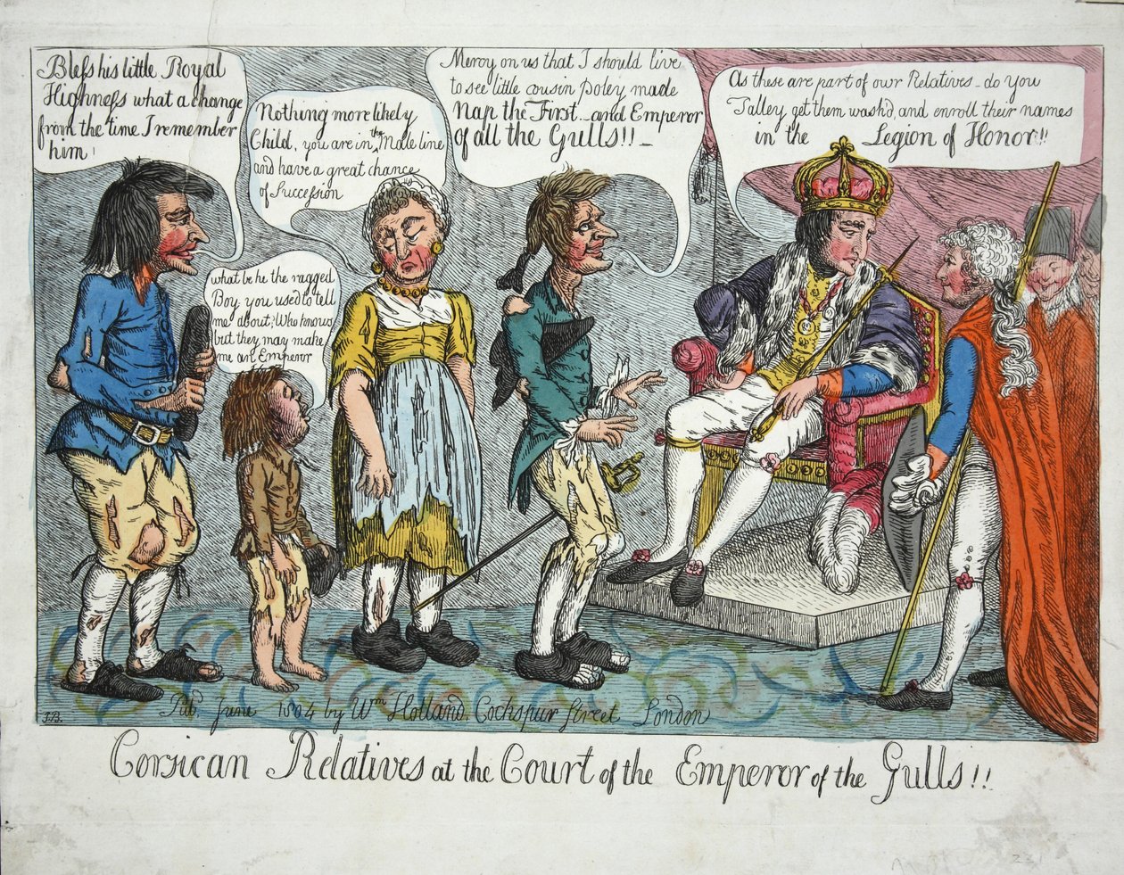Corsican Realtives at the Court of the Emperor of the Gulls!!, pub 1804 (håndfarget gravering) av English School