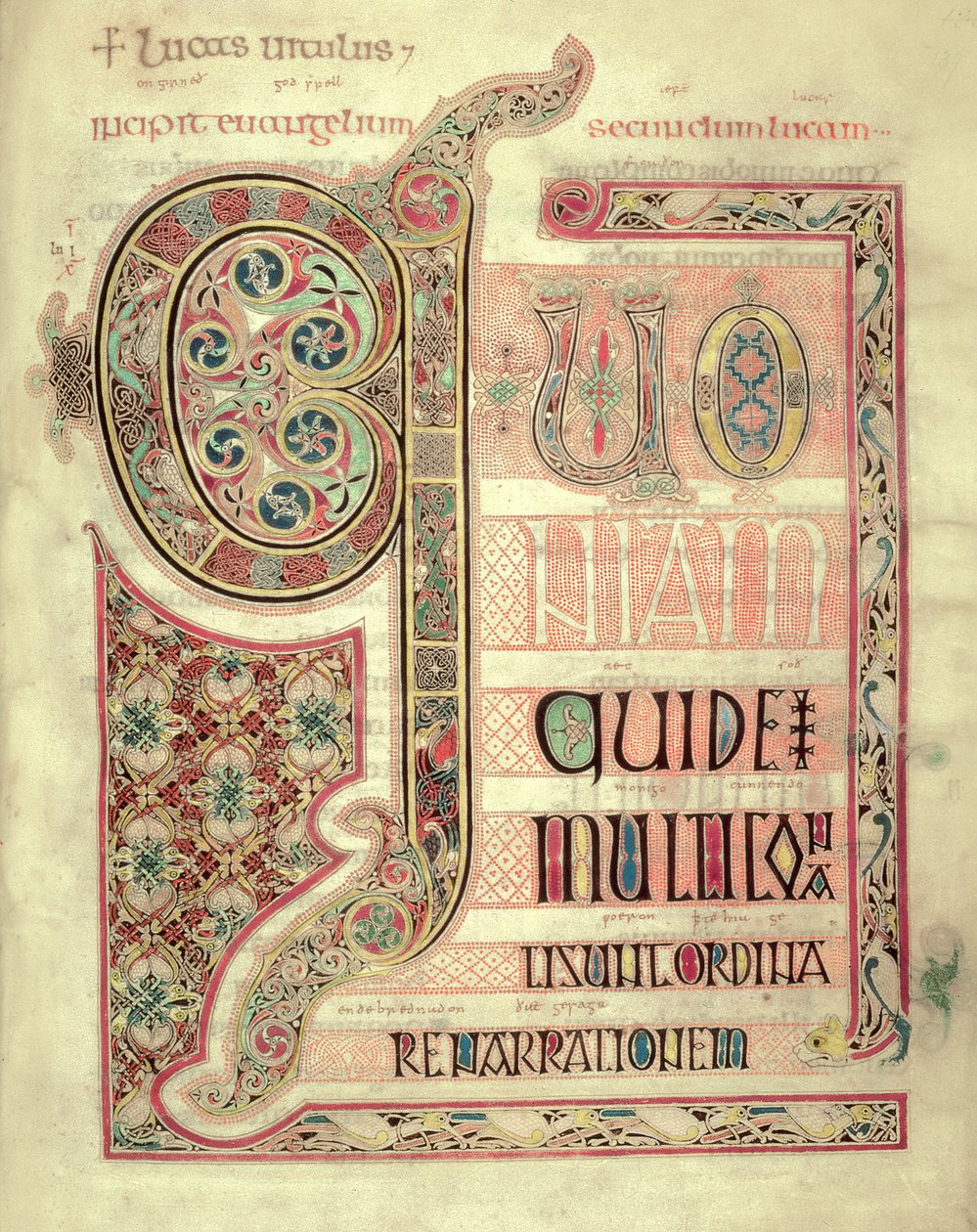 Cott Nero DIV f.139 Incipit side til St. Lukasevangeliet, fra Lindisfarne evangeliene, 710-721 (vellum) av English School