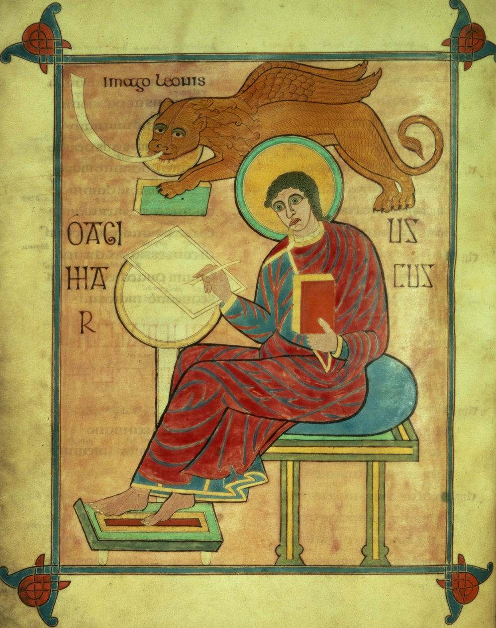 Cott Nero DIV f.93v St. Mark sittende med sitt symbol, fra Lindisfarne-evangeliene, 710-721 (vellum) av English School