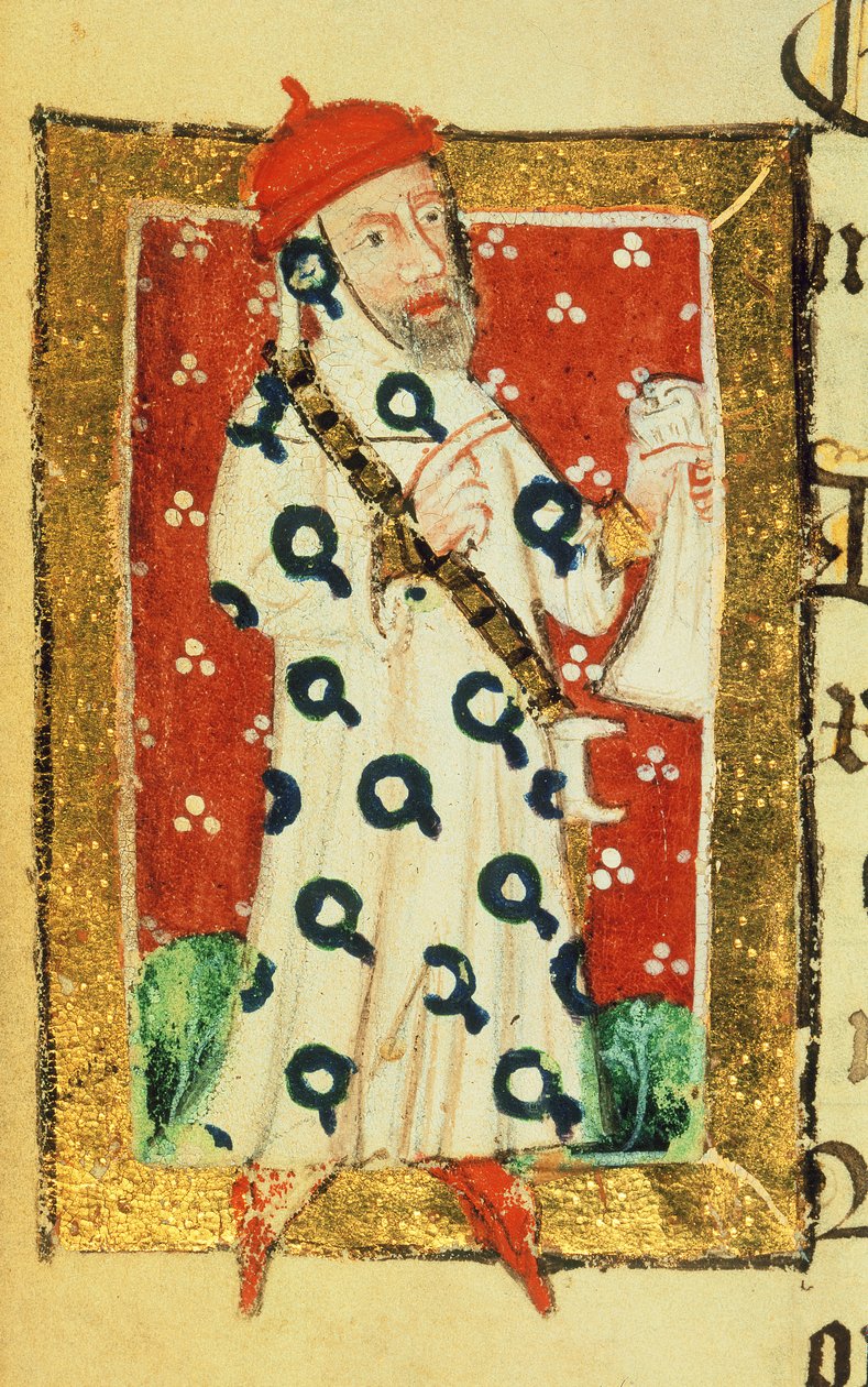 Cott Nero D VII f.105v Nigel Lorning, Ridder av strømpebåndet, fra Benefactors Book of St. Alban