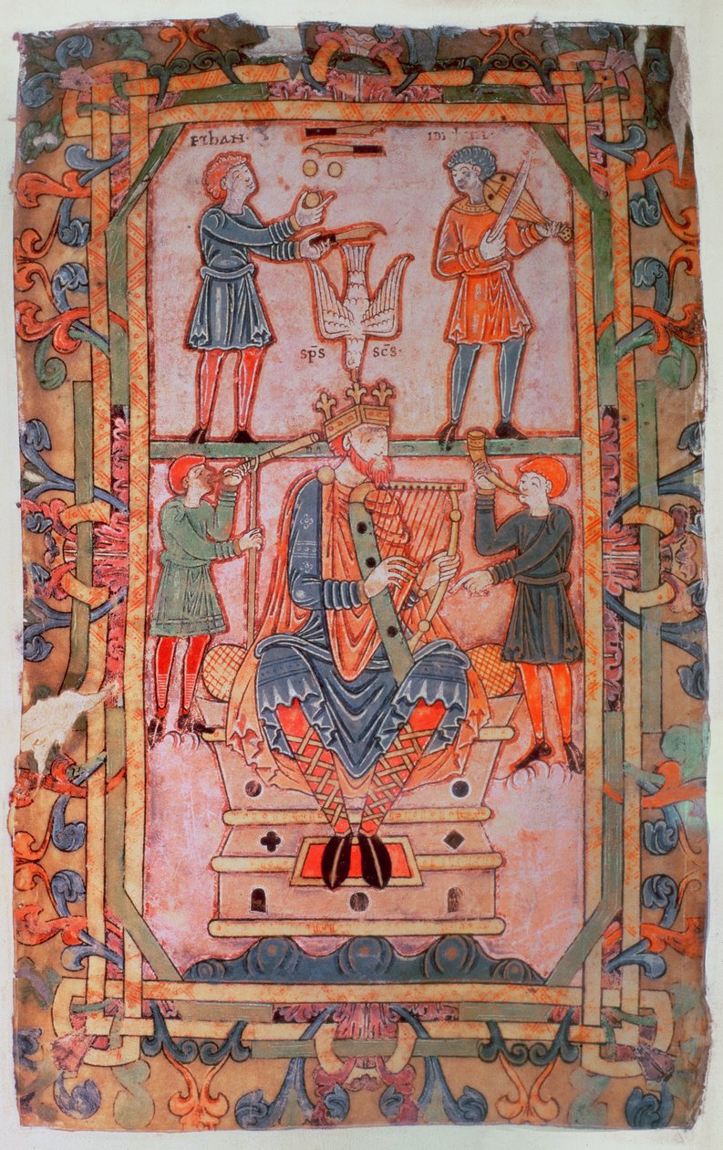 Cott Tib C VI f.30v David spiller sin harpe, fra Tiberius Psalter, Winchester, c.1050 (vellum) av English School
