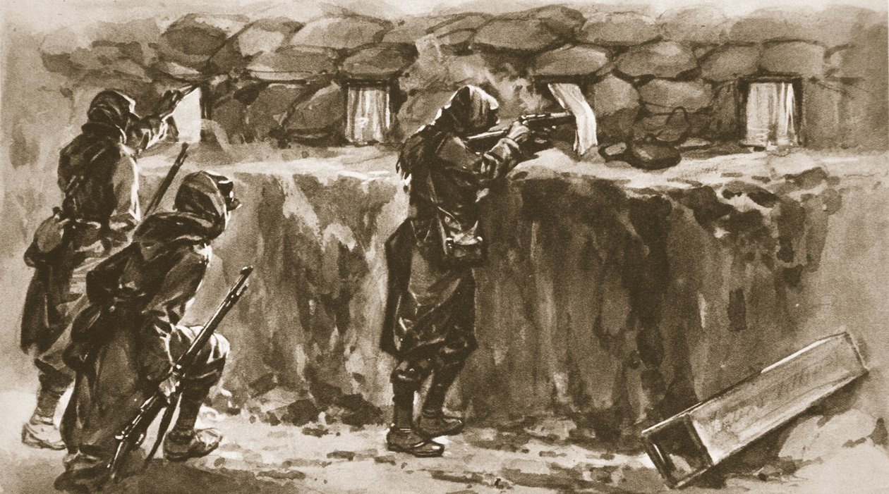 Hyttevindusgardiner som trench-hullsskjermer: En fransk redskap for å forvirre fiendens skarpretter, fra The Illustrated War News, 1915 av English School