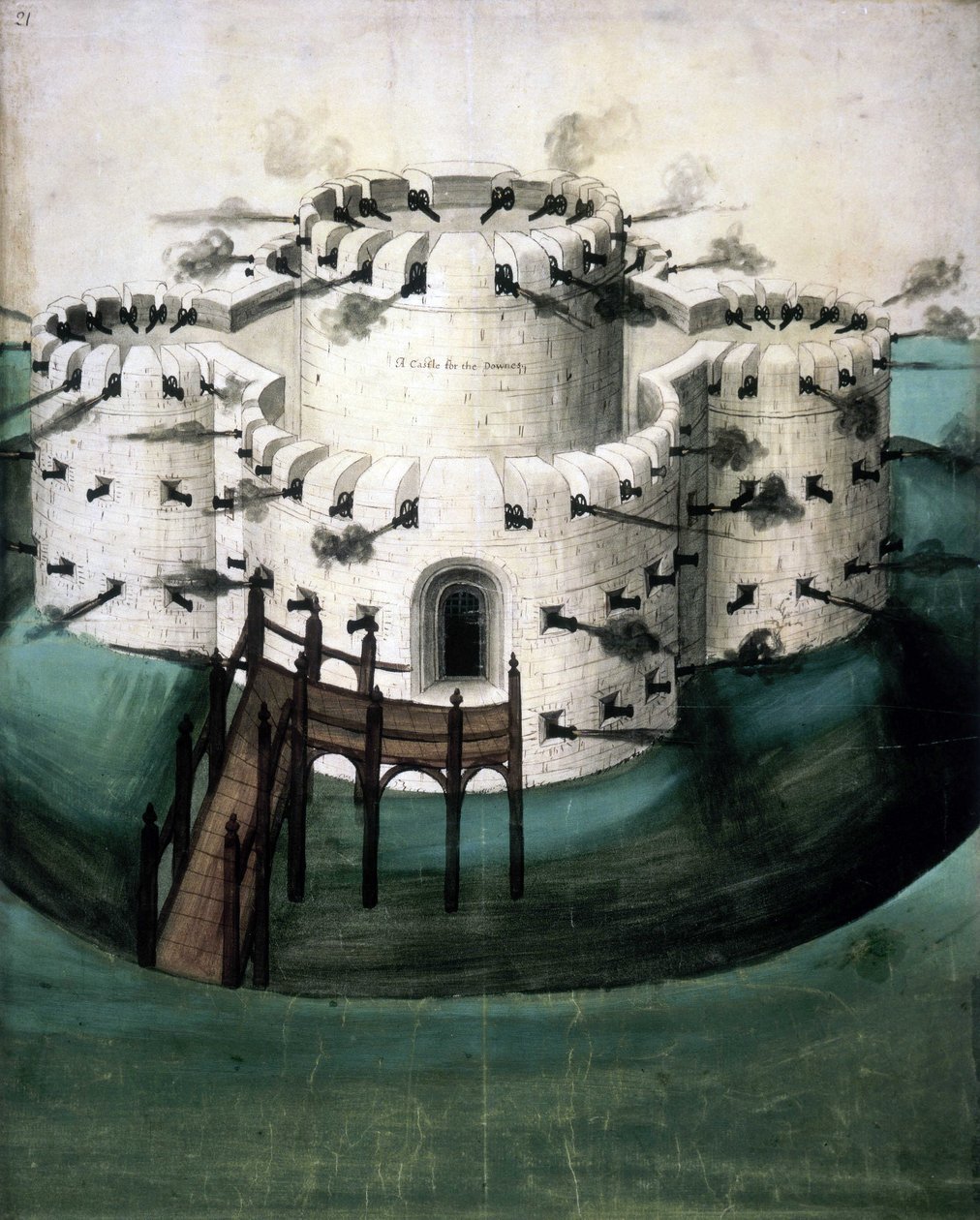 Cotton Augustus I i f.21, Design for Walmer og Sundown Castles ("A Castle for the Downes") av English School