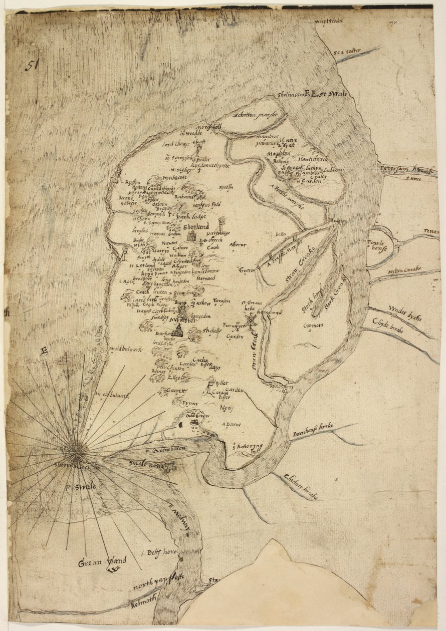 Cotton Augustus I.i f.51 Kart over Isle of Sheppey tilskrevet kartograf Robert Lythe av English School