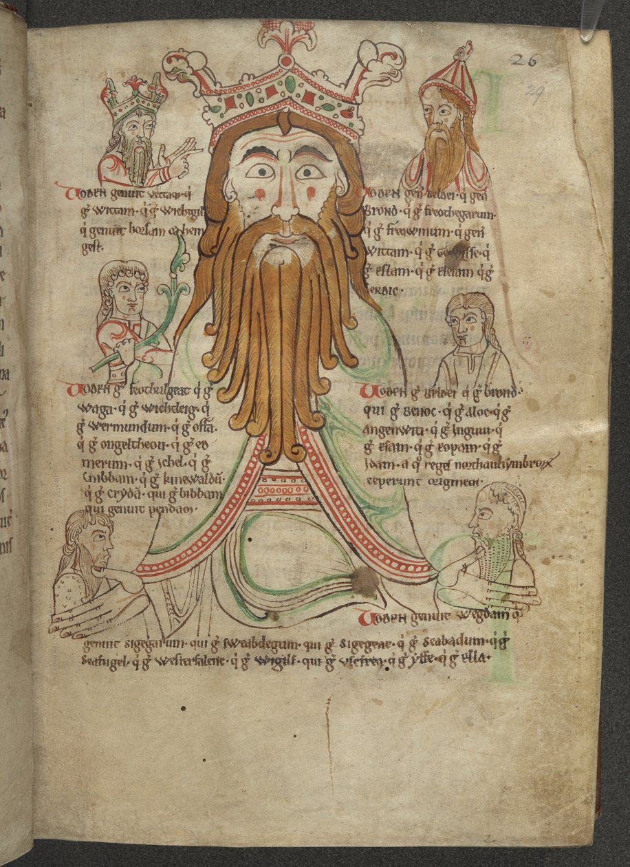 Cotton Caligula A. VIII, f.29 Tegning av Woden omgitt av hans etterkommere; i en traktat om heptarkiet, ca. 1153-66 (vellum) av English School