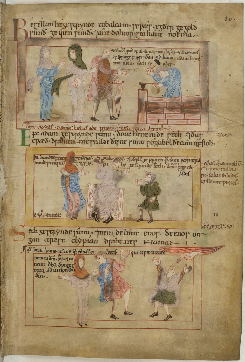 Cotton Claudius B IV fol.10 Lamech og hans to koner og hans sønn, Tubalcain, smeden, på jobb (vellum) av English School