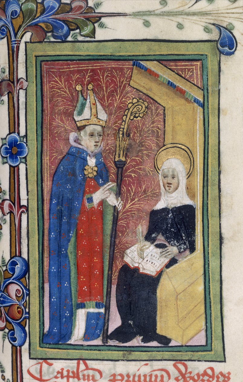 Cotton Claudius B. I, f.117 St. Bridget presenterer et budskap fra Kristus til en biskop, fra 'Åpenbaringer (Liber Celestis) av St. Birgitta av Sverige', ca. 1410-20 (blekk, farge og gull på vellum) av English School