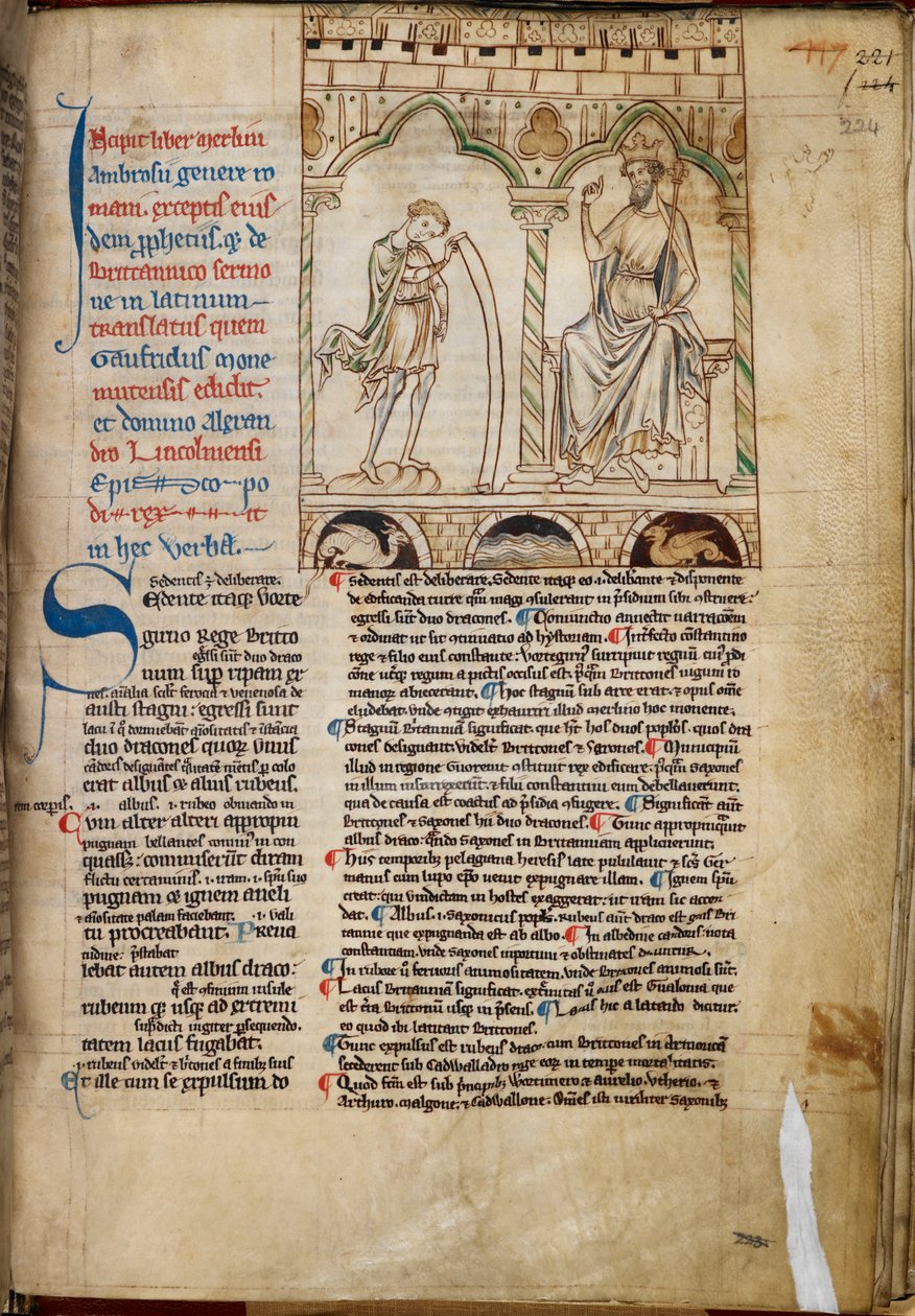 Cotton Claudius B. VII, f.224 Gutten Merlin profeterer før kong Vortigern, illustrasjon fra 