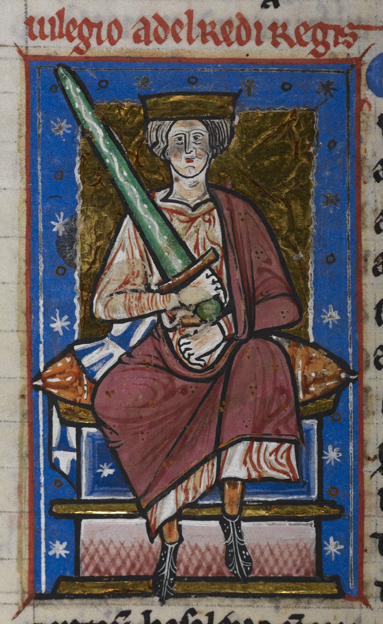 Cotton Claudius B. VI, f.87v Ethelred the Unready med sverd, fra 