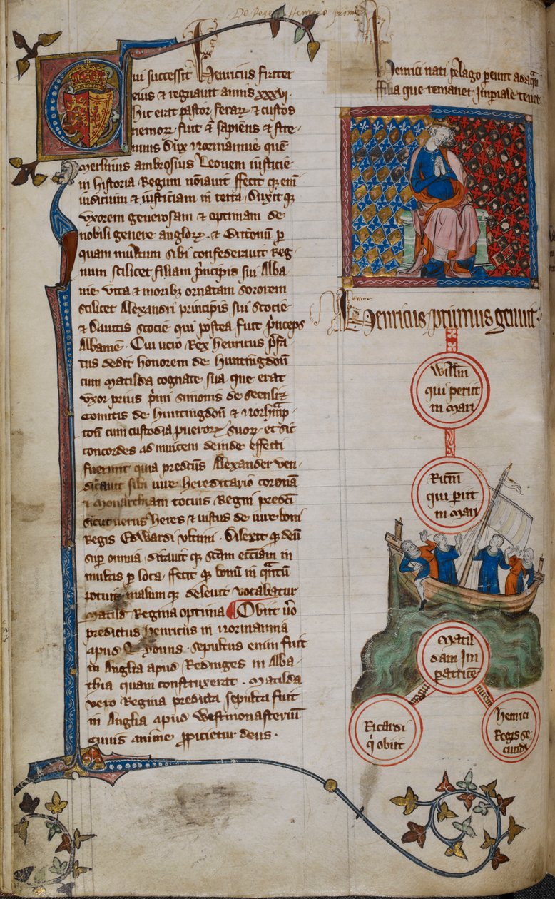 Cotton Claudius D. II, f.45v Henry I og hans etterkommere (vellum) av English School