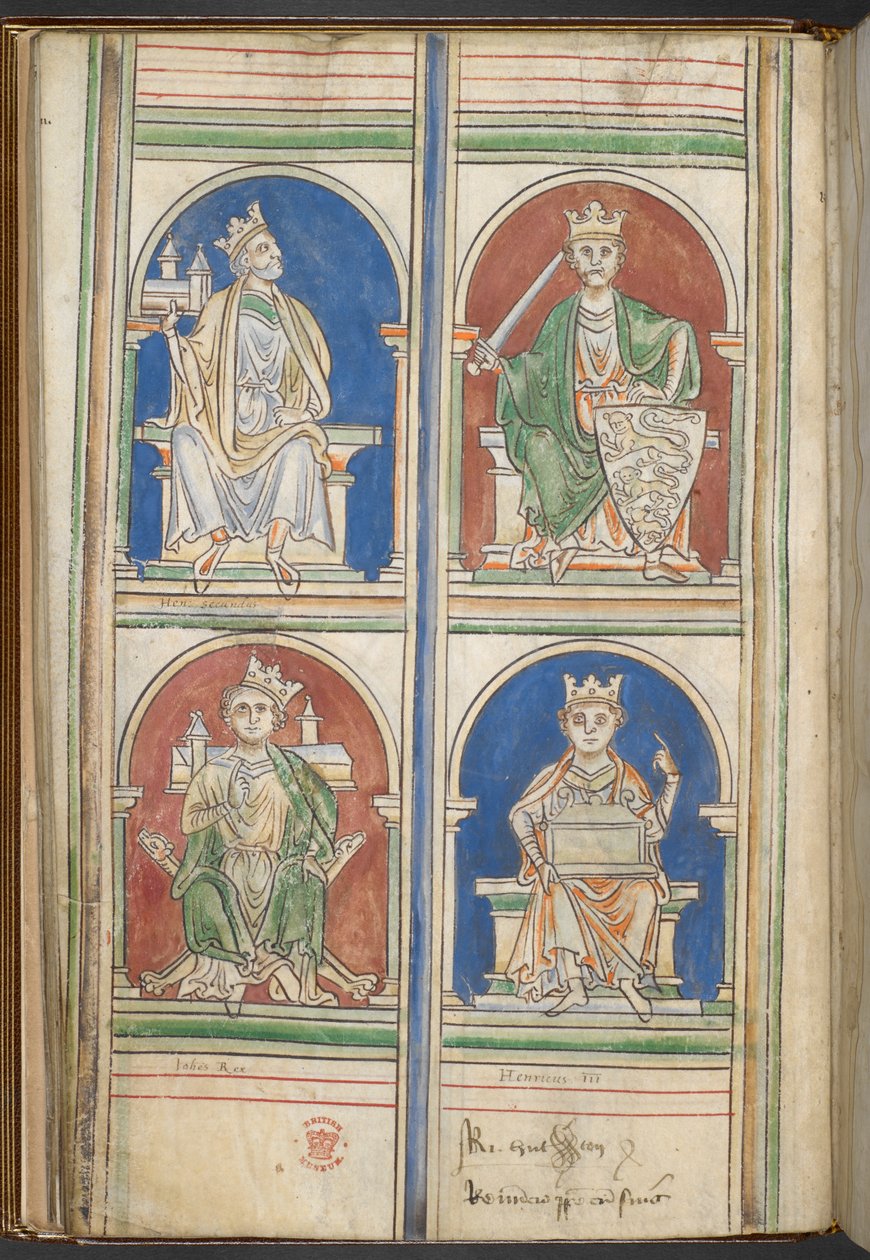 Cotton Claudius D VI f.9v Four Kings of England: Henry II, Richard I, John and Henry III from The Kings of England from Brutus to Henry III, av Matthew Paris, ca.1250-59 (vellum) av English School