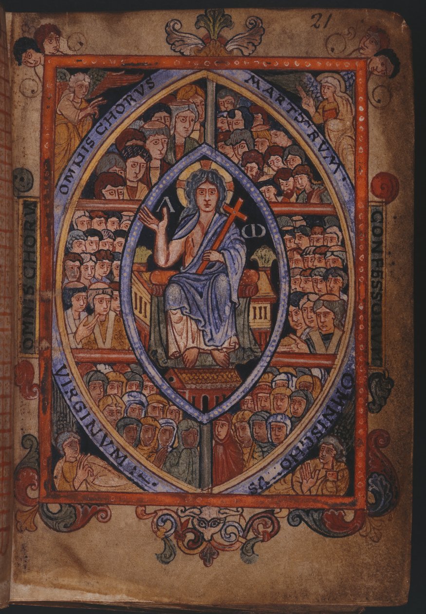 Cotton Galba A. XVIII, f.21 Kristus tronet med kor av martyrer, bekjennere og jomfruer av English School