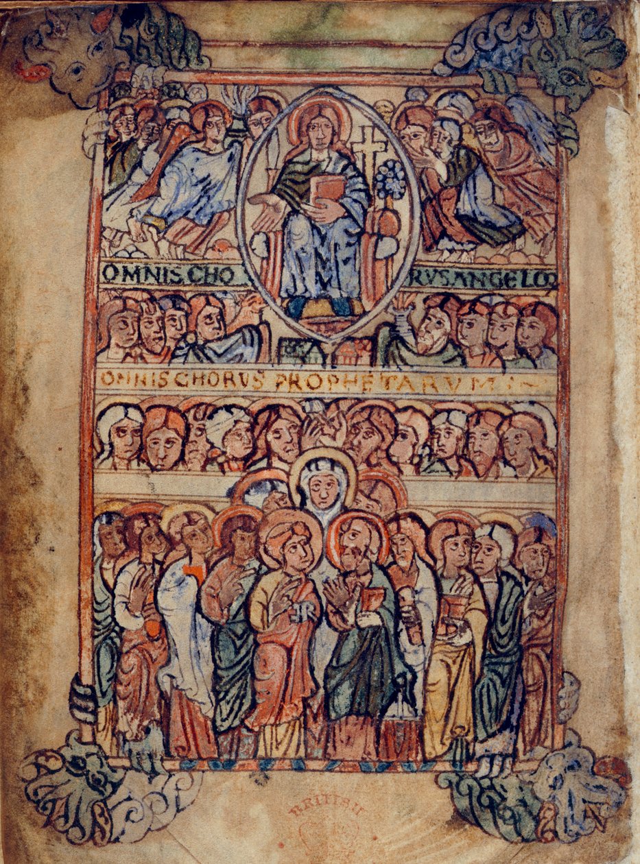 Cotton Galba A. XVIII, f.2v Kristus i Majestet omgitt av lidenskapens redskaper og kor av engler og profeter, illustrasjon fra 