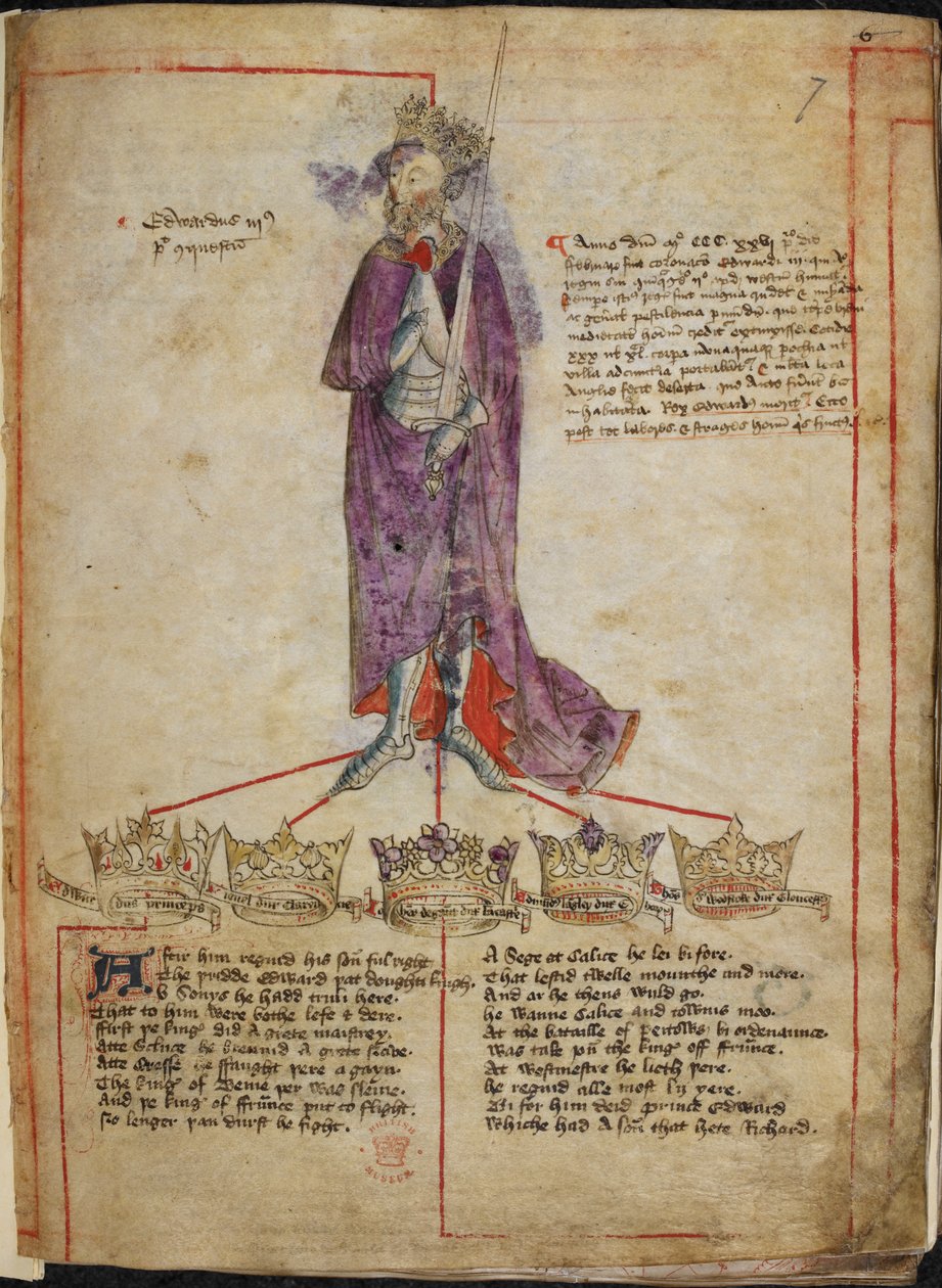 Bomull Julius E. IV, f.7 Tegning av Edvard III, med kort beretning om hans regjeringstid, og linjer fra 